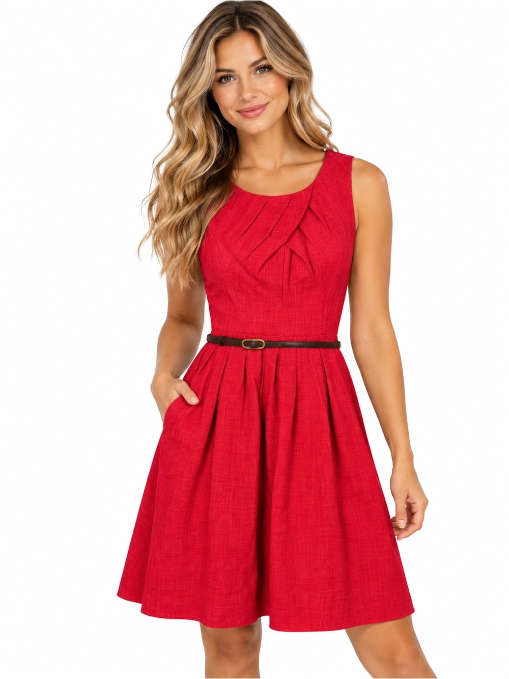 Ellen Tracy Red Sleeveless Pleated Midi Dress with Brown Belt Small